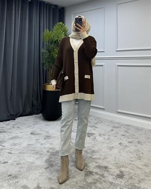 Düğmeli Triko Hırka Kahverengi