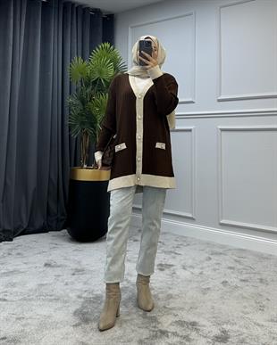 Düğmeli Triko Hırka Kahverengi