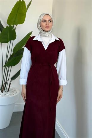Edoril Triko Gömlek Elbise Bordo