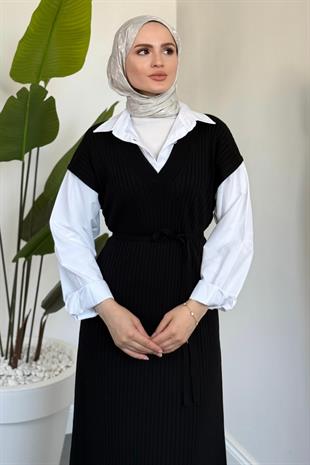 Edoril Triko Gömlek Elbise Siyah