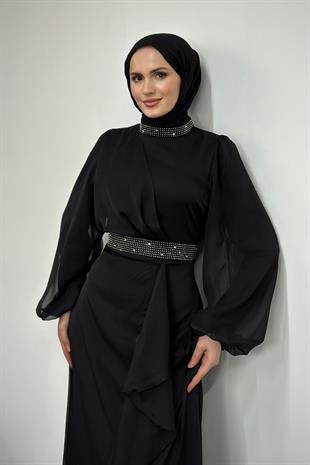 Efruz Janjan Önü Fırfır Abiye Siyah