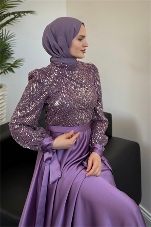 Elena Üstü Payetli Saten Abiye Lila