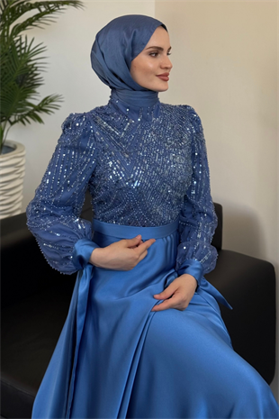 Elena Üstü Payetli Saten Abiye Mavi