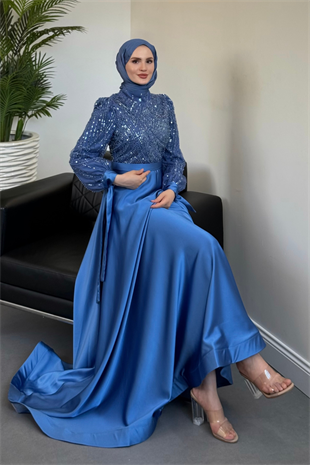 Elena Üstü Payetli Saten Abiye Mavi