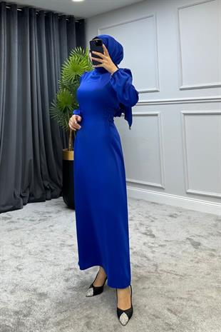 Elenor Belden Bağlamalı Saten Tesettür Elbise Saks