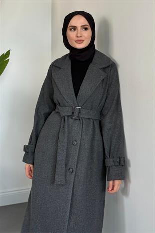 Eliane Astarlı Kemerli Kaşe Kaban Füme 