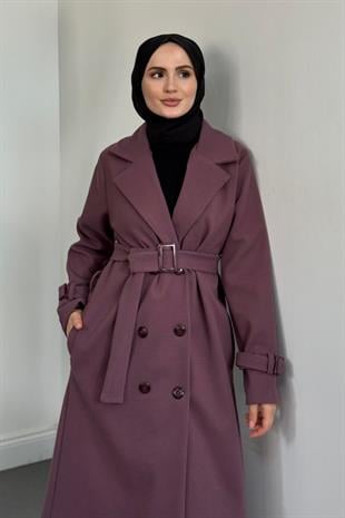 Eliane Astarlı Kemerli Kaşe Kaban Leylak