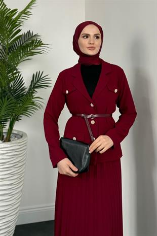 Elina Blazer Pliseli Etek Takım Bordo