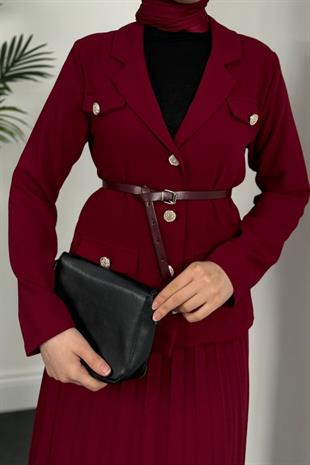 Elina Blazer Pliseli Etek Takım Bordo