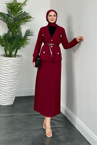 Elina Blazer Pliseli Etek Takım Bordo