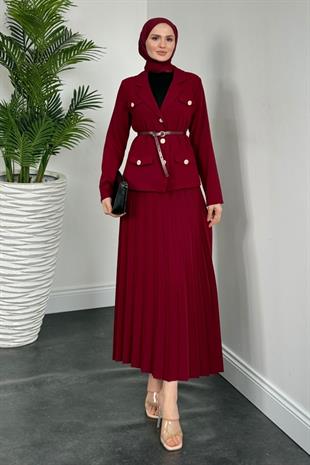 Elina Blazer Pliseli Etek Takım Bordo