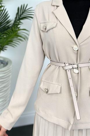 Elina Blazer Pliseli Etek Takım Krem