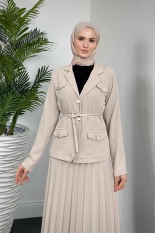Elina Blazer Pliseli Etek Takım Krem