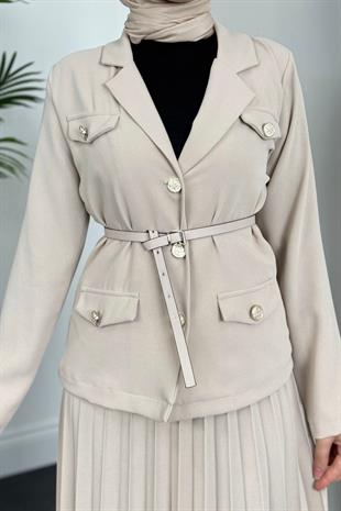 Elina Blazer Pliseli Etek Takım Krem