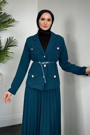 Elina Blazer Pliseli Etek Takım Petrol Yeşili