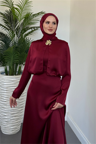 Elizan Tokalı Saten Abiye Bordo(TOKASIZDIR)