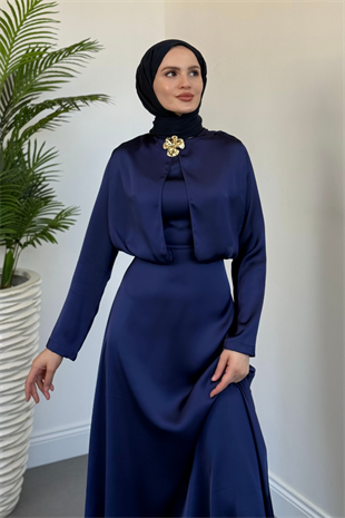 Elizan Tokalı Saten Abiye Lacivert(TOKASIZDIR)