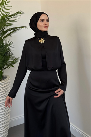 Elizan Tokalı Saten Abiye Siyah(TOKASIZDIR9