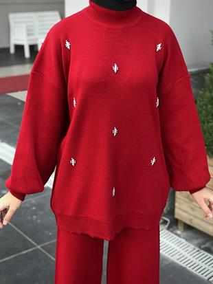 Ellie Tesettür Triko Takım Bordo