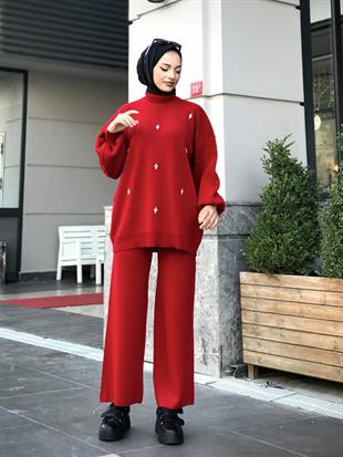 Ellie Tesettür Triko Takım Bordo