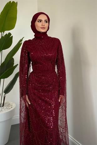 Eloria Pelerinli Boncuk İşlemeli Abiye Bordo