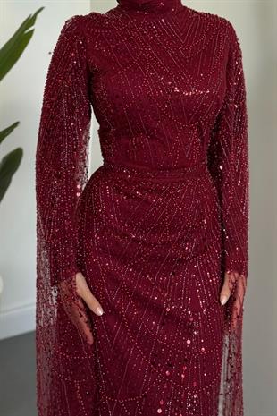 Eloria Pelerinli Boncuk İşlemeli Abiye Bordo