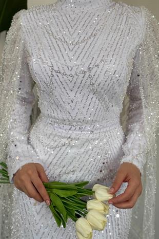 Eloria Pelerinli Boncuk İşlemeli Abiye Beyaz