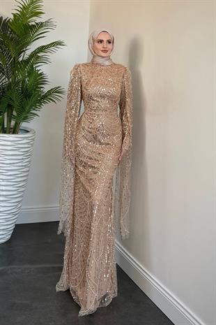 Eloria Pelerinli Boncuk İşlemeli Abiye Vizon