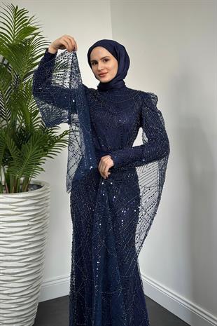 Eloria Pelerinli Boncuk İşlemeli Abiye Lacivert