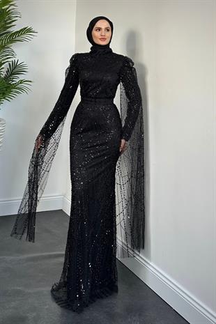 Eloria Pelerinli Boncuk İşlemeli Abiye Siyah