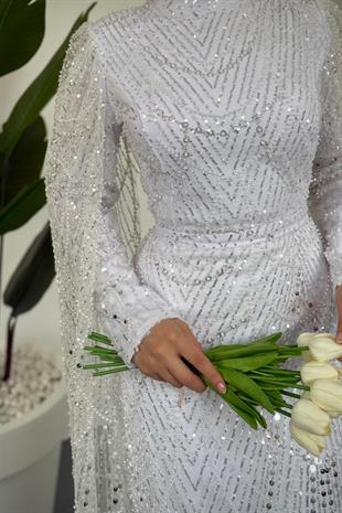 Eloria Pelerinli Boncuk İşlemeli Abiye Beyaz