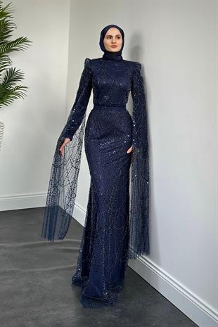 Eloria Pelerinli Boncuk İşlemeli Abiye Lacivert