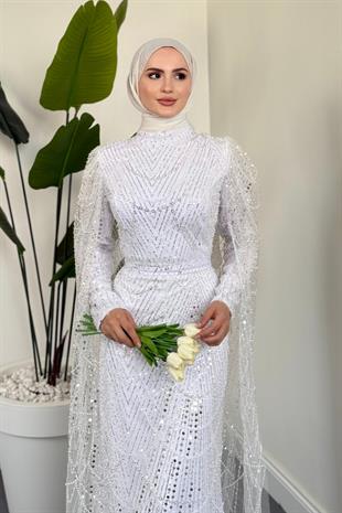 Eloria Pelerinli Boncuk İşlemeli Abiye Beyaz