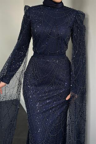 Eloria Pelerinli Boncuk İşlemeli Abiye Lacivert