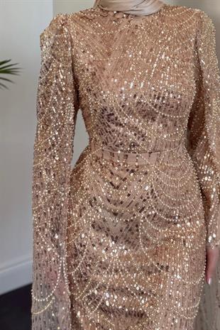 Eloria Pelerinli Boncuk İşlemeli Abiye Vizon