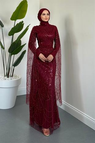 Eloria Pelerinli Boncuk İşlemeli Abiye Bordo