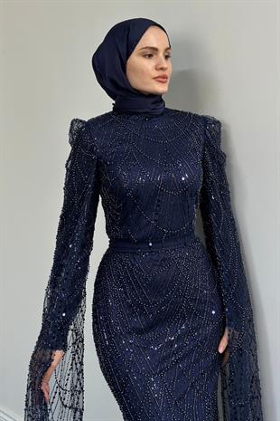 Eloria Pelerinli Boncuk İşlemeli Abiye Lacivert