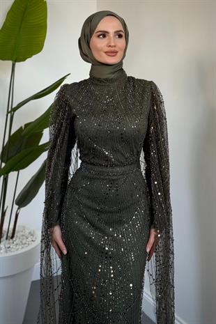 Eloria Pelerinli Boncuk İşlemeli Abiye Haki