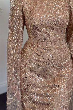 Eloria Pelerinli Boncuk İşlemeli Abiye Vizon