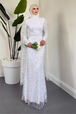Eloria Pelerinli Boncuk İşlemeli Abiye Beyaz