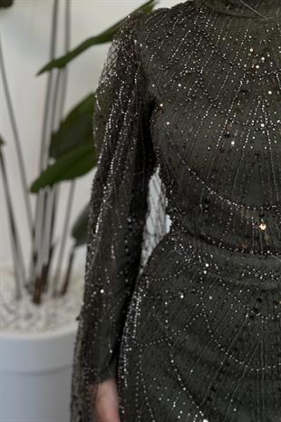 Eloria Pelerinli Boncuk İşlemeli Abiye Haki