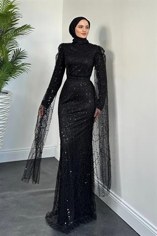 Eloria Pelerinli Boncuk İşlemeli Abiye Siyah