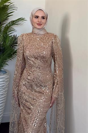 Eloria Pelerinli Boncuk İşlemeli Abiye Vizon