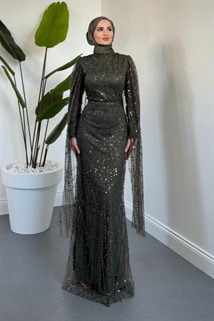 Eloria Pelerinli Boncuk İşlemeli Abiye Haki