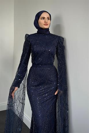 Eloria Pelerinli Boncuk İşlemeli Abiye Lacivert