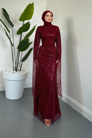 Eloria Pelerinli Boncuk İşlemeli Abiye Bordo