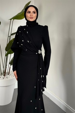 Elowenn Pearl Tek Omuz Pelerinli  Abiye Siyah