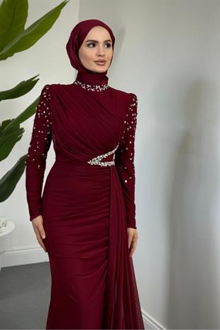 Elvira Taş Detaylı Tül  Abiye Bordo