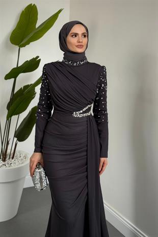 Elvira Taş Detaylı Tül  Abiye Füme