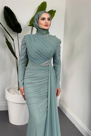 Elvira Taş Detaylı Tül  Abiye Mint